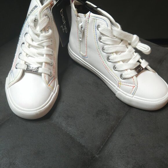 Bebe Girls White High Top Sneakers | Size 10 | Rainbow Stitching + Side Zip - Picture 2 of 5